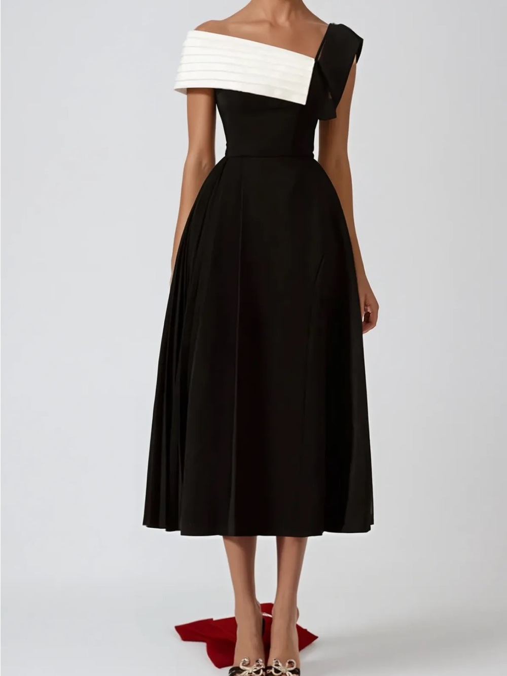 Elegant Black Midi Dress with White Asymmetric Bardot Neckline